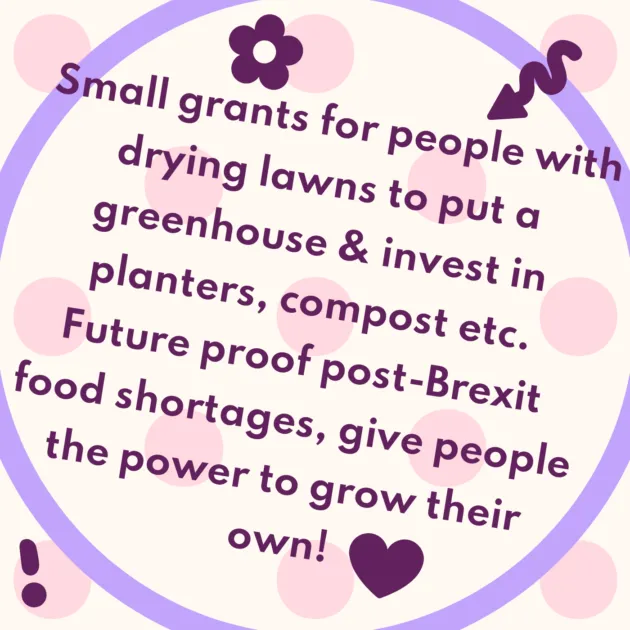 Small grants for people with drying lawns to put a greenhouse & invest in planters, compost etc. Future proof post-Brexit food shortages, give people the power to grow their own!
