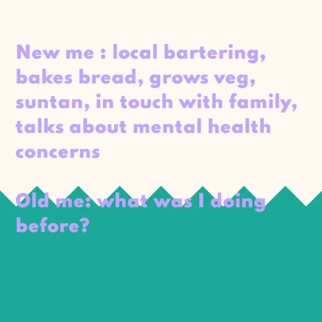 New me : local bartering, bakes bread, grows veg, suntan, in touch with family, talks about mental health concerns Old me: what was I doing before? 