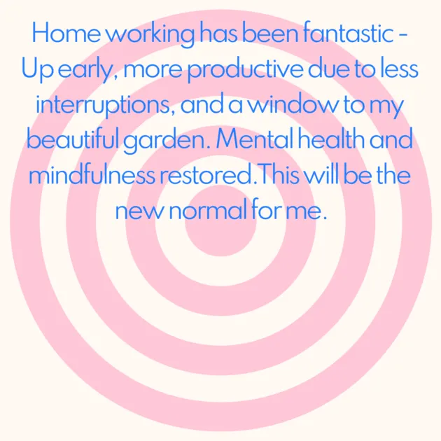 Home working has been fantastic - Up early, more productive due to less interruptions, and a window to my beautiful garden. Mental health and mindfulness restored.This will be the new normal for me.