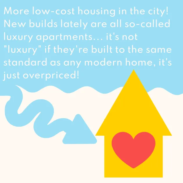 More low-cost housing in the city! New builds lately are all so-called luxury apartments... it's not "luxury" if they're built to the same standard as any modern home, it's just overpriced!