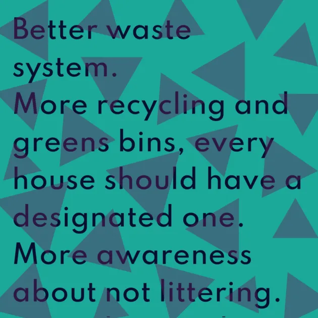 Better waste system. More recycling and greens bins, every house should have a designated one. More awareness about not littering. Keep the city clean.
