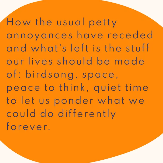 How the usual petty annoyances have receded and what's left is the stuff our lives should be made of: birdsong, space, peace to think, quiet time to let us ponder what we could do differently forever.